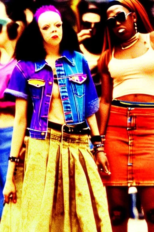 year 1996 denim fashion. Loose skirt, low waist. Colors: denim blue, blue, purple, cream, khaki, light green, lilac, plum, orange, terracotta, red, light yellow, lion yellow, pink, dark blue, beige. Cheetah pattern. Gwen Stephani, Missy Elliot, Shirley Manson.