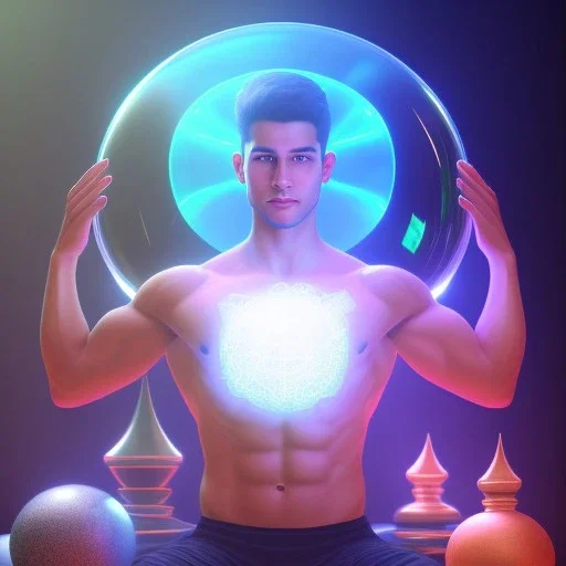 upper body of young yoga master holding up a glass shield, power surge , maze background , levitated lab equipment, 4k, Highly Detailed, Masterpiece, perfect eyes, Digital Illustration, Cinematic Lighting, Realistic, Sharp Focus, Centered, Beautifully Lit, Bioluminescent by Stanley Artgerm Lau