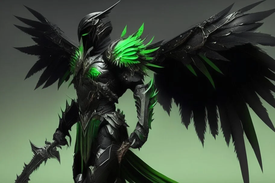 armadura negra y verde de alas negras con una jabalina
