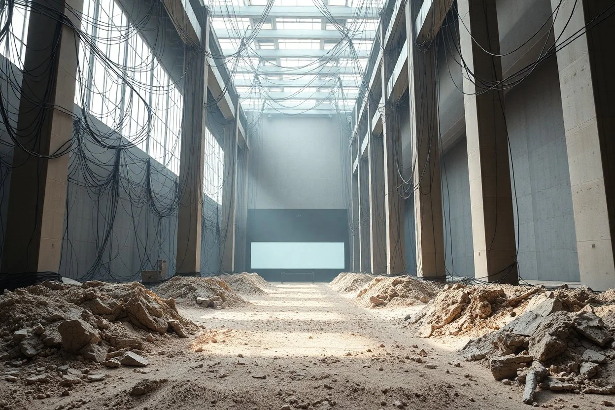 Photograph, a mass of wires, giant museum space, building, pillars, high walls, schermi di computer, high towers in a room, sediments, deflagration of the background, light, architecture, minimalist, details of the terrain very accentuated, 8k, deep 3d field, sharp, brutalist, hasselblad h6d400c --ar 85:128 --v 6.0
