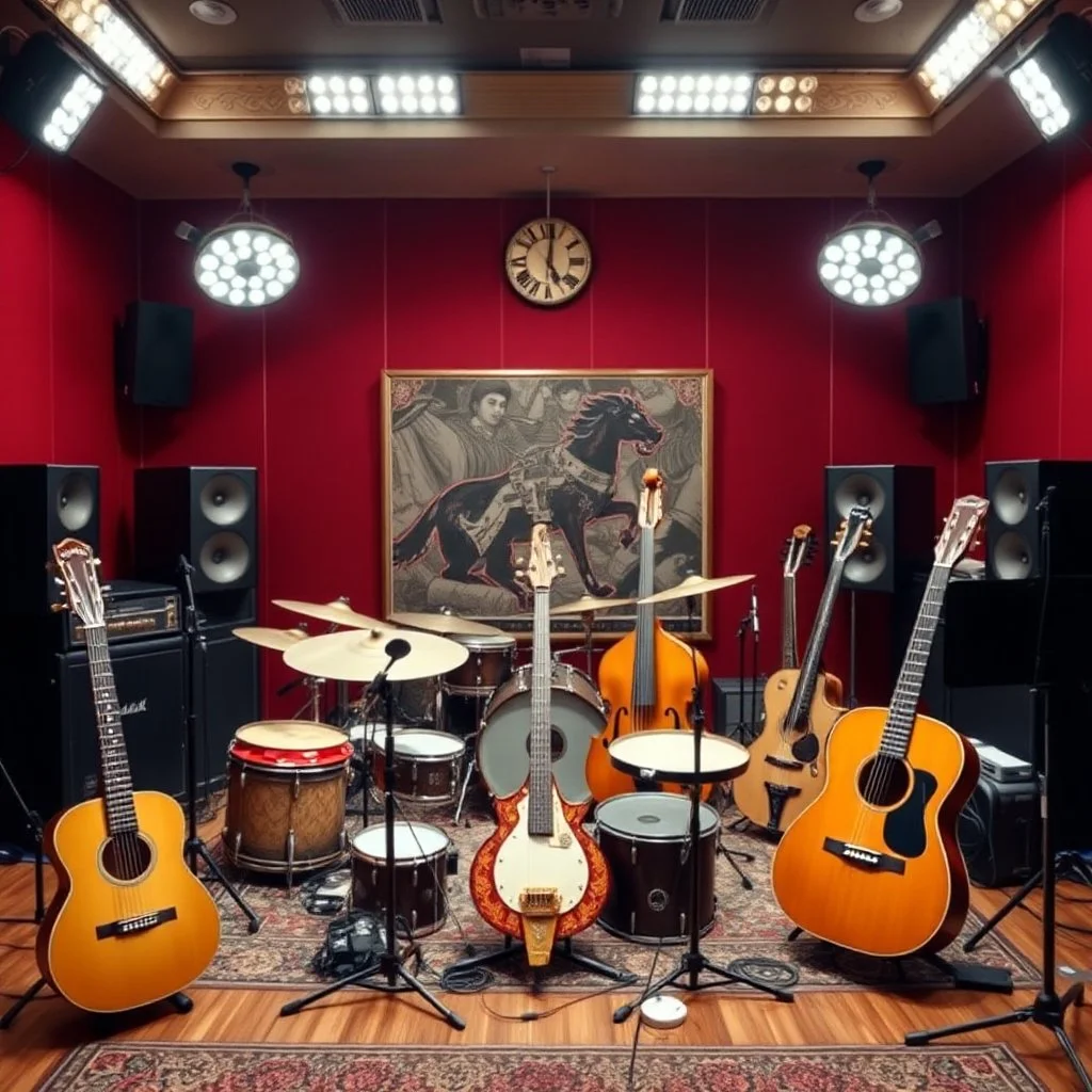 Photographic View Of Eastern Musical Instruments Set In Orchestral Way In A Music Studio Made Of Grunge Maroon Walls With Marquees Lights 80s Style.