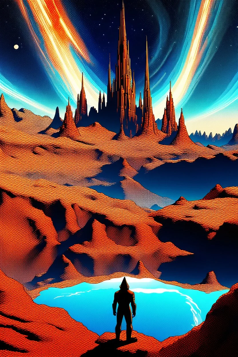 MJ P cosmic panorama, a massive planet with radiant orange and deep blue hues hovering close to an alien landscape. Jagged peaks, serene lakes reflecting the towering gothic spire in the distance, under a tapestry of shooting stars, and interstellar clouds. A solitary figure stands on a rocky outcrop UHD --s 100