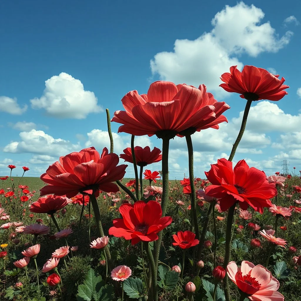 Photography of a landscape with spooky creepy flowers, surreale, Max Ernst, Yves Tanguy, Henry Rousseau, natura morta, glossy, obsessive, intricate, creepy nightmare, organic, strong texture, figures, hypnotic, blue sky, clouds, hasselblad h6d400c --ar 85:128 --v 6.0, paranoic, fake, obsessive, hypnotic