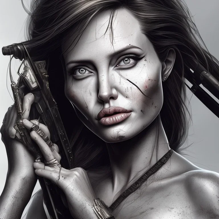 portrait head Angelina Jolie gunshot long hairs big bobs Tomb Raider