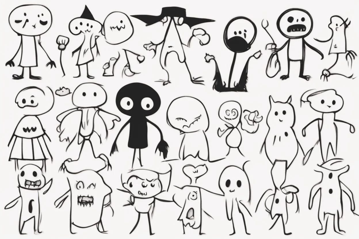 make a bunch of simple hand-drawn spooky and cute cartoon characters with bodies arms, and legs I could draw and make them all different