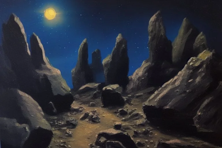 Rocks, night, 2000's sci-fi movies influence, otto pippel impressionism painting