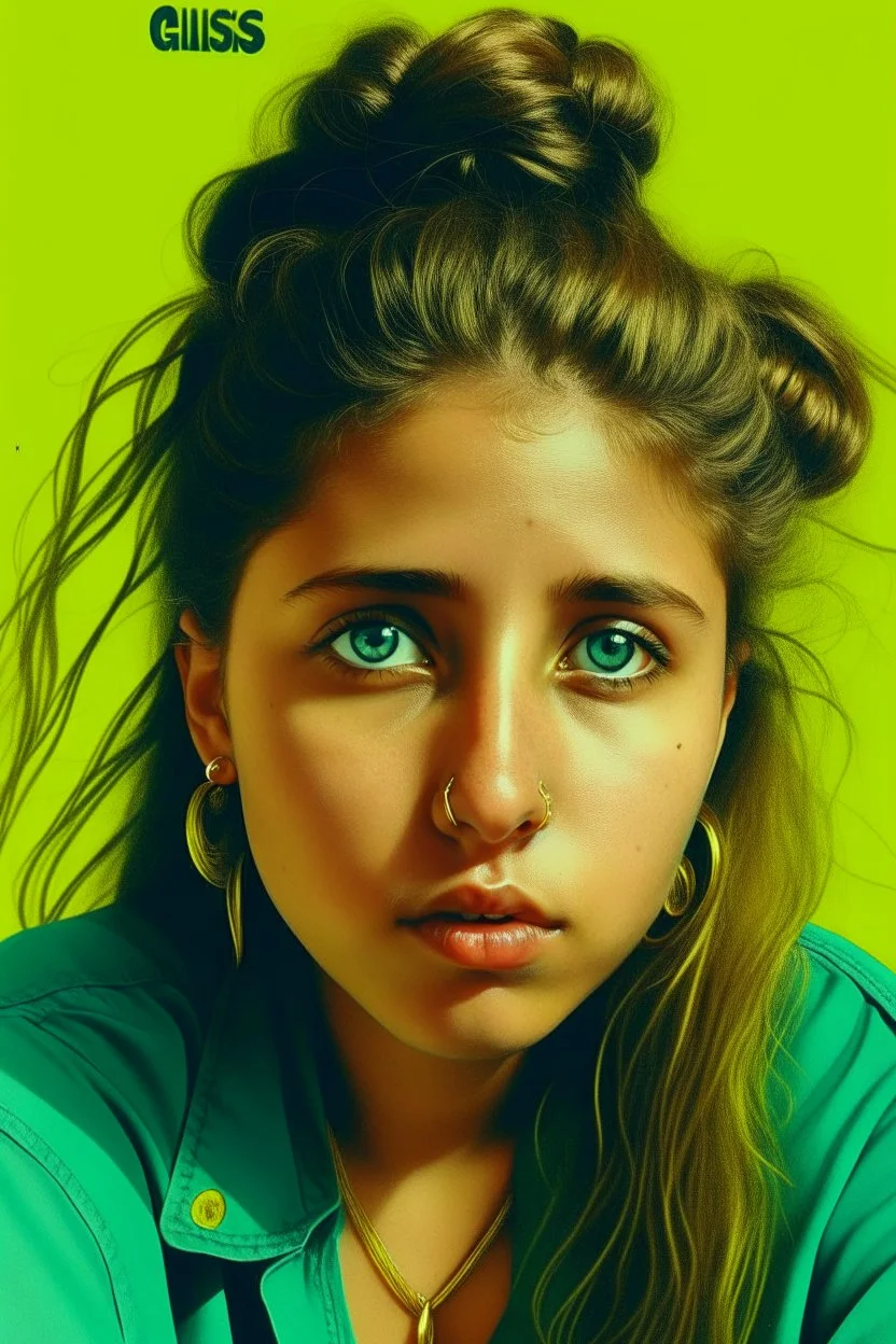 Create an eye-catching, nostalgic album cover for Gisèle's "Bad News." Gisèle, a 23-year-old European artist, blends mystery and joy. Embrace an '80s-inspired aesthetic with prominent green and gold typography for "Bad News" and "Gisèle." Incorporate intricate, surrealistic eyes, akin to Little Simz's style. Infuse a playful, edgy feel to mirror the song's sarcasm while maintaining a joyful vibe. Gisèle wears a bun. And is funny. You need to see joy in her eyes. Only here face can be visible