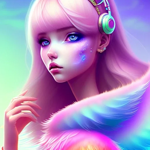 blonde woman teenager, purpurin, pop style, feather coat, gradient color, BLUE, PINK, CYAN, neon, insanely detailed, 16k resolution, perfect eyes, cinematic smooth, intricate detail