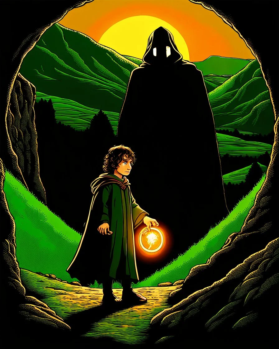 A dramatic, cinematic illustration of Frodo Baggins from "The Lord of the Rings," holding the glowing One Ring in front of him with a solemn expression. He wears a dark cloak, standing against a shadowy backdrop. Emerging from his chest is a surreal, split landscape: on one side, the peaceful Shire with lush green hills, hobbit holes, and a large tree; on the other, a fiery wasteland with Mount Doom erupting, lava flowing, and a dark army marching toward the volcano. Using rich textures and moo