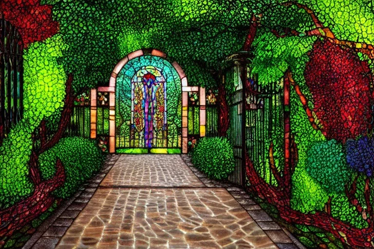 open iron gates made of colorful stained glass, covered in vines, trees, very large entry leading to a lush garden, see lot details in the garden, photo realistic 4k, nature, beautiful hand laid checkered pattern stone walkway path, trending on artstation, sharp focus, studio photo, intricate details, highly detailed, by greg rutkowski