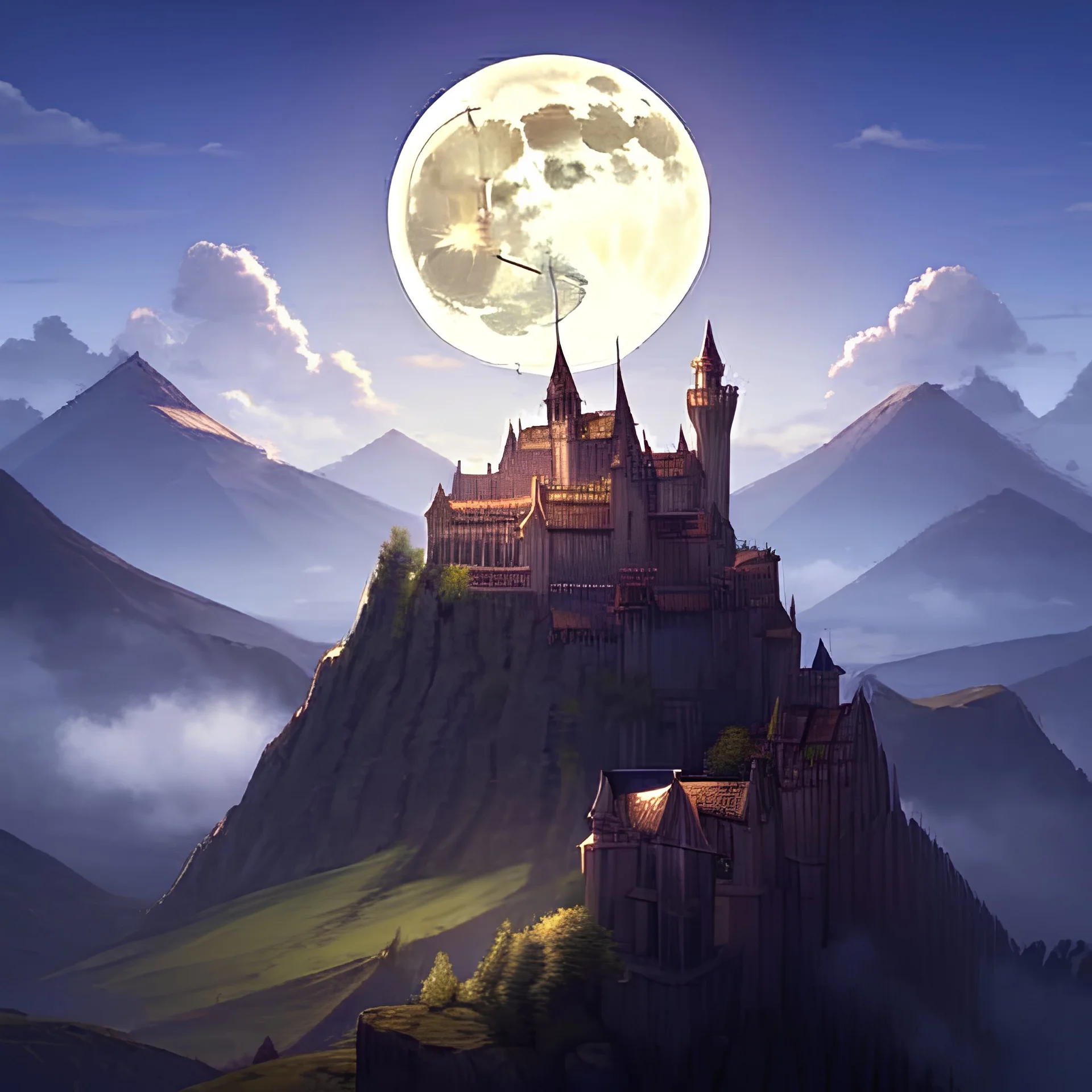 castle on top of mountain, moon, gothic, clouds, medieval