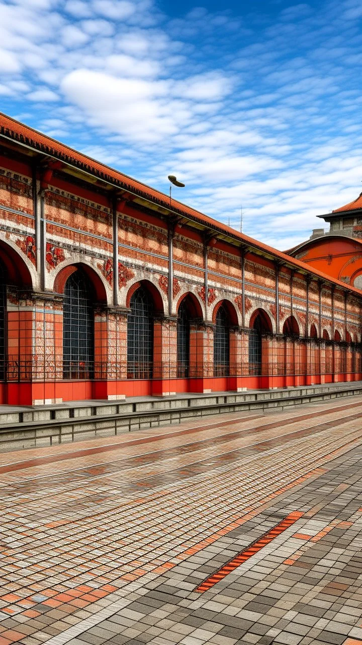 An orangish red industrial train station designed in ancient Roman mosaics painted by Henry Robert-Bresil