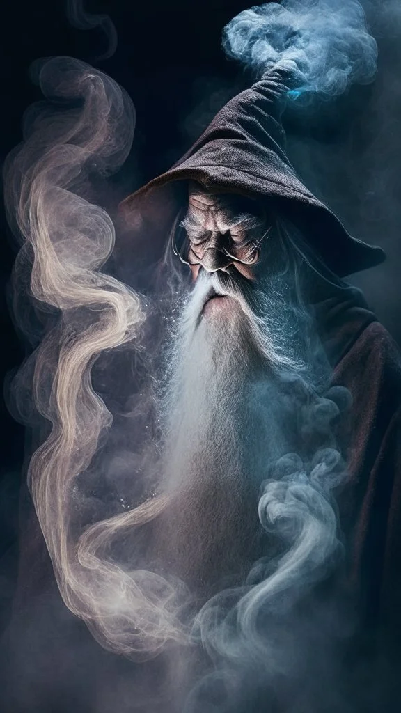 old wizard disappearing into thick smoke