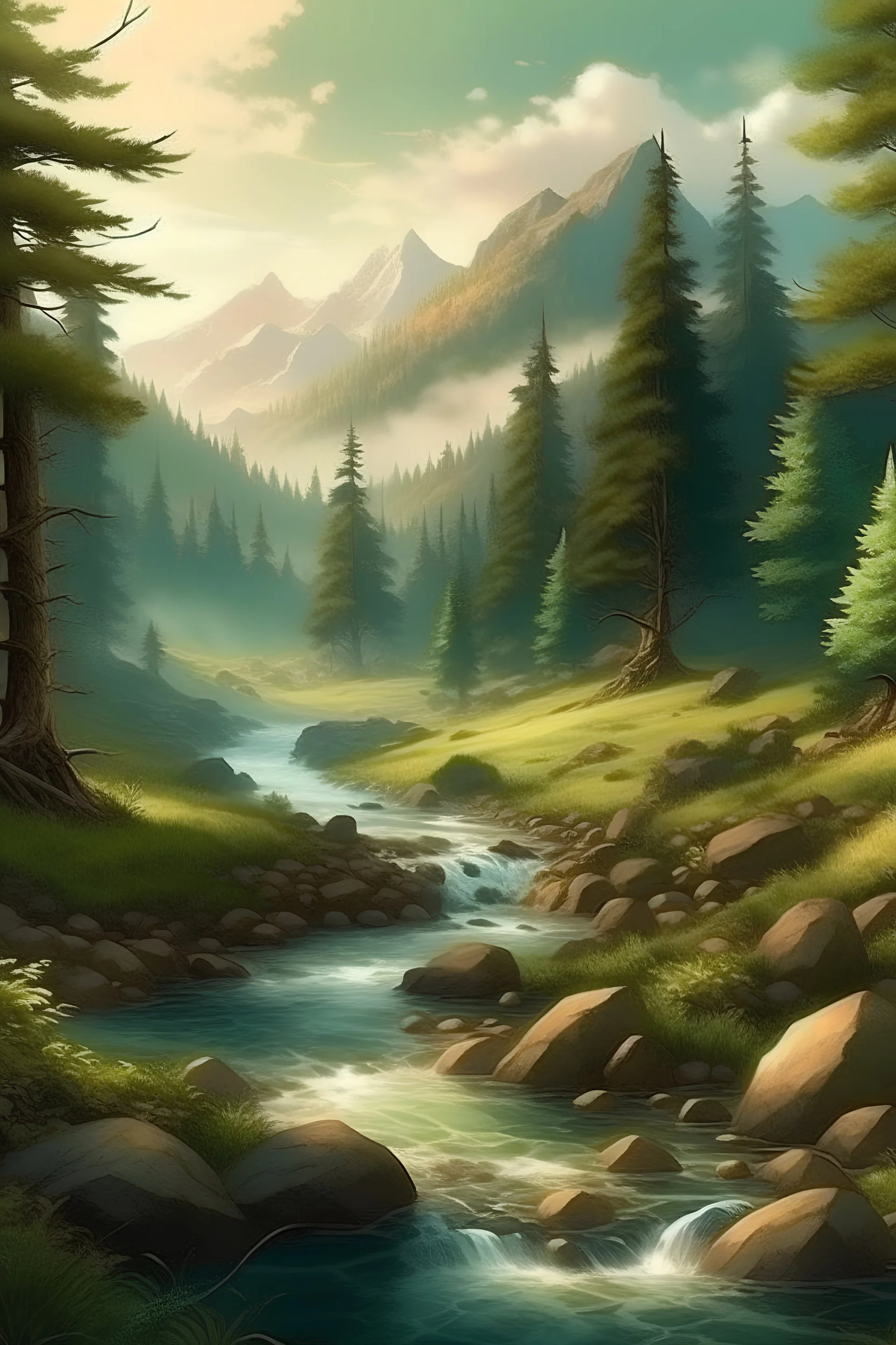 a realistic magic forest with a river and mountains