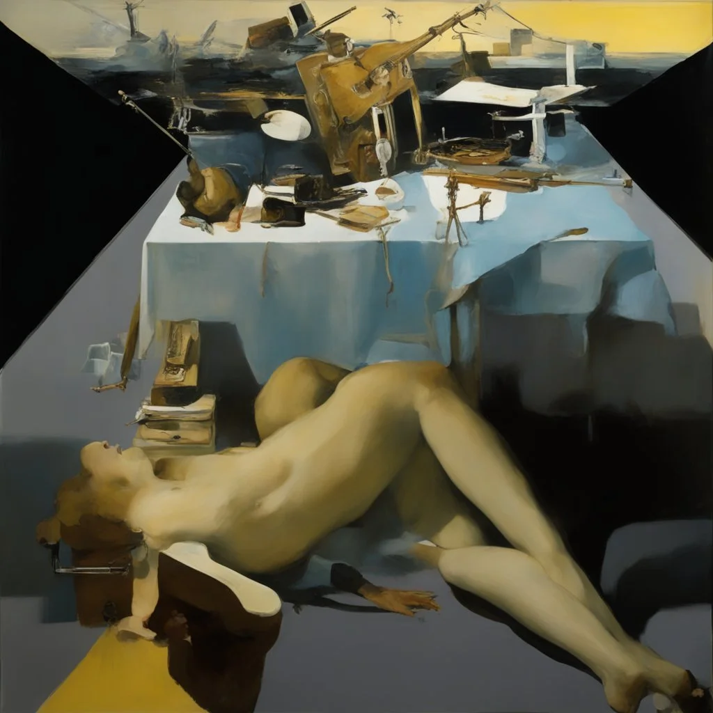 human body, universe-like light,complex surgical instruments mixed with human body-like musical instruments,minimalism,Painting By Adrian Ghenie, Rene Magritte, Salvador Dali, Lucian Freud