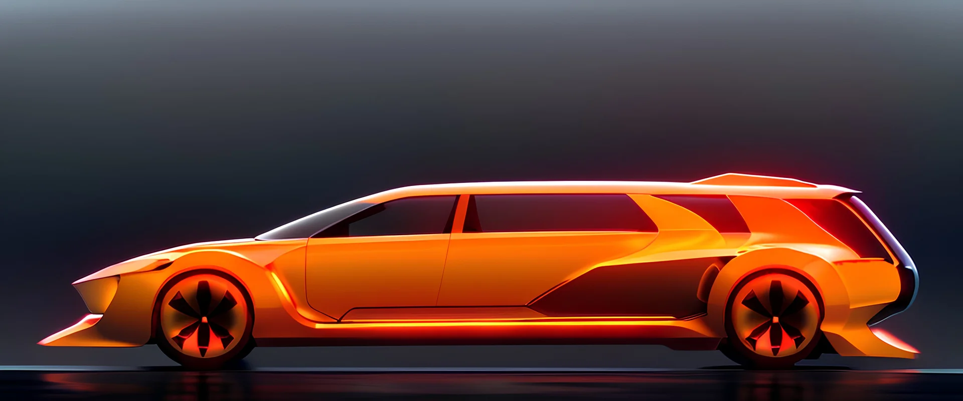 award winning car and driver photograph of a futuristic station wagon designed by only one vehicle per image painted metallic orange traveling at a high rate of speed, jet intake off of front center of vehicle and jet exhaust out the rear with bright blue flame, bilaterally symetrical, more a high speed road vehicle