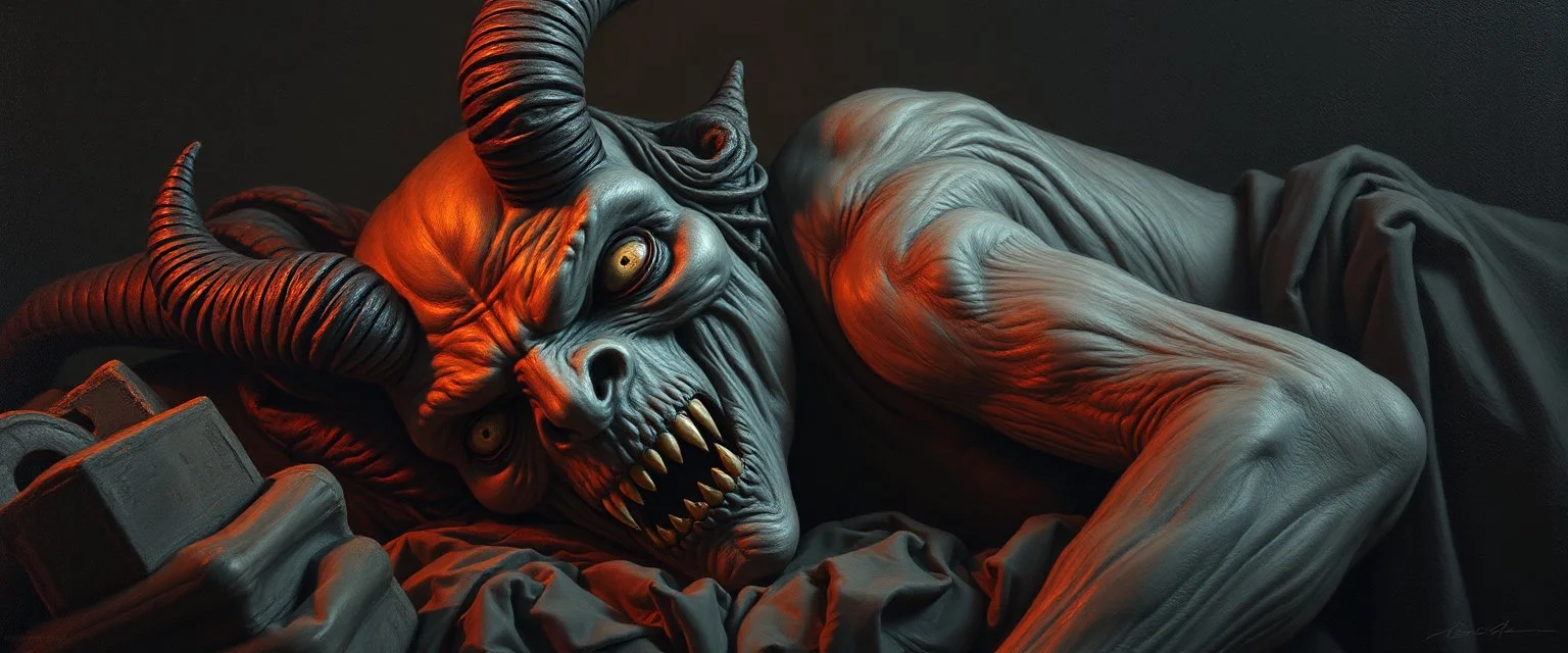 amish sleepy demon lurks here., painted by Rembrandt, Escher and Giger