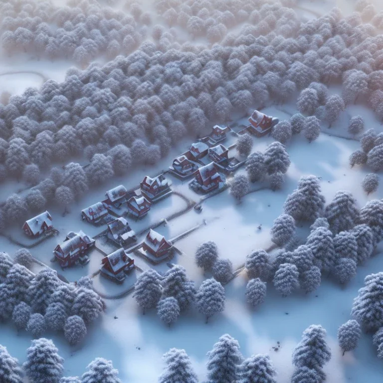 kleines Dorf, Schnee, wenig Häuser, no Trees, Vogelperspektive