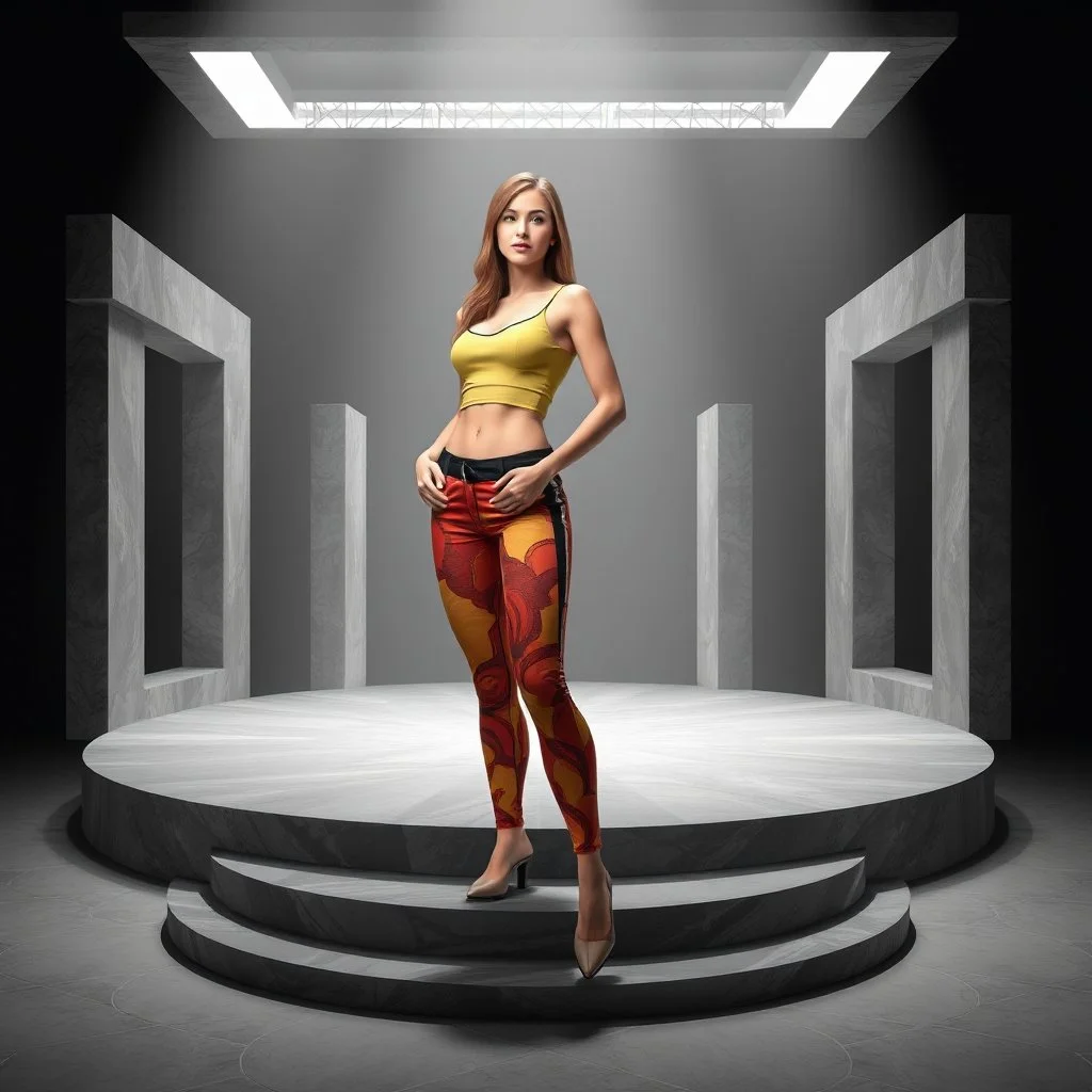 picture of lady with a top and cifi pants stye design posing in a 3d recursive structures stage