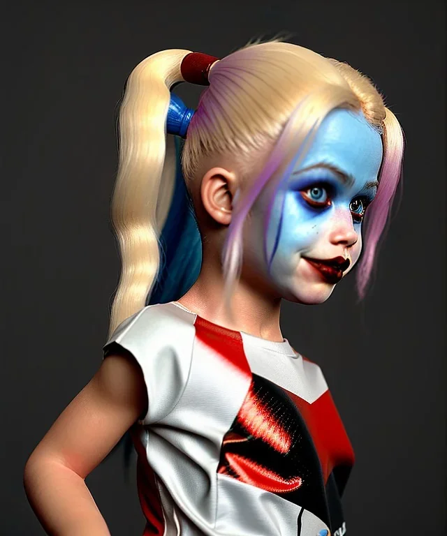 Harley quinn toddler, full body, soft skin, dramatic lighting, hyper realistic