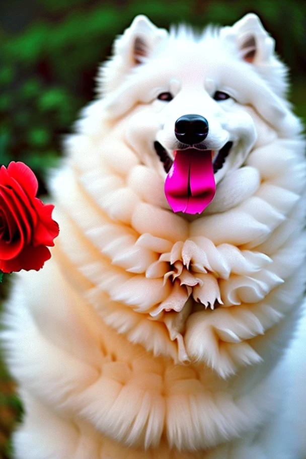 Cute, fluffy, happy looking white Samoyed dog, holding a rose in its mouth, colorful, festive atmosphere, detailed, congratulating