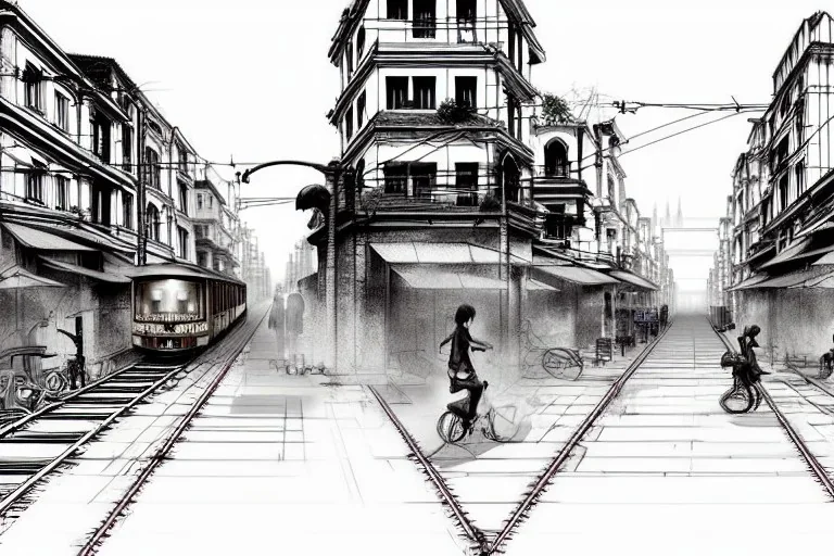 Hanoi train Street+Hanoi train Street+bologna portici+Gothic city+ BioShock+Dishonored+Bloodborne+trieste+Edinburgh+Chicago+victorian London+decòpunk Skyscraper+ +steampunk+biopunk+, croquis architecture, city drawing, perspective drawing, point perspective, architecture croquis drawing