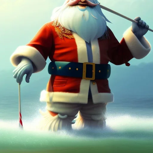 Santa standing of surfboard surfing a big wave, surfboard, beach, character design by cory loftis, fenghua zhong, ryohei hase, ismail inceoglu and ruan jia. unreal engine 5, artistic lighting, highly detailed, photorealistic, fantasy