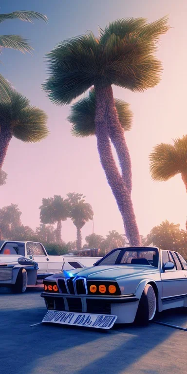 1980's aesthetic vaporwave palm trees and spheres and sports bmw