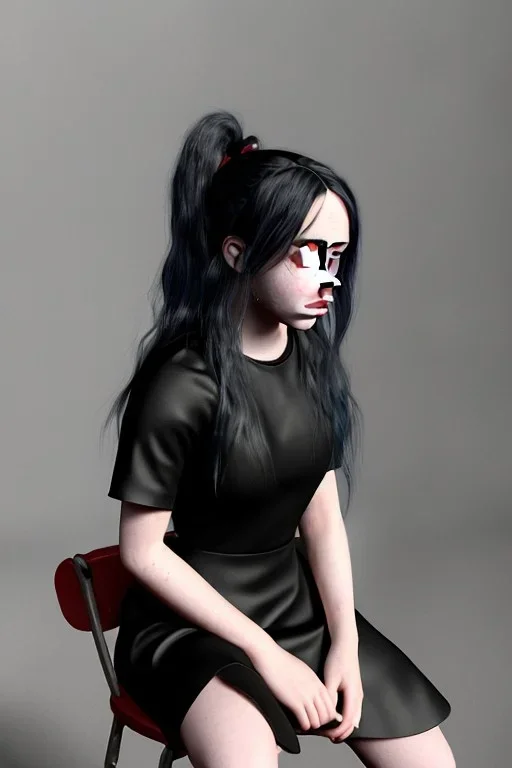 Billie Eilish, sitting on a chair, Black Short Dress, high detail, realistic