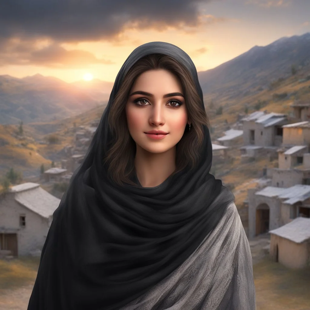 Hyper Realistic close-up-view of Beautiful Happy Pashto Girl with beautiful hair & beautiful eyes fully-covered-in-black-dress-&-grey-shawl standing outside village-houses on mountain-top with cloudy-sunset showing dramatic & cinematic ambiance