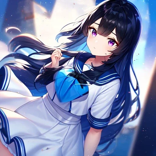 Clear focus, High resolution, Black long fluffy hair, purple eyes, wearing a sailor uniform, shattered rainbow in triagle formation, blue top, white skirt