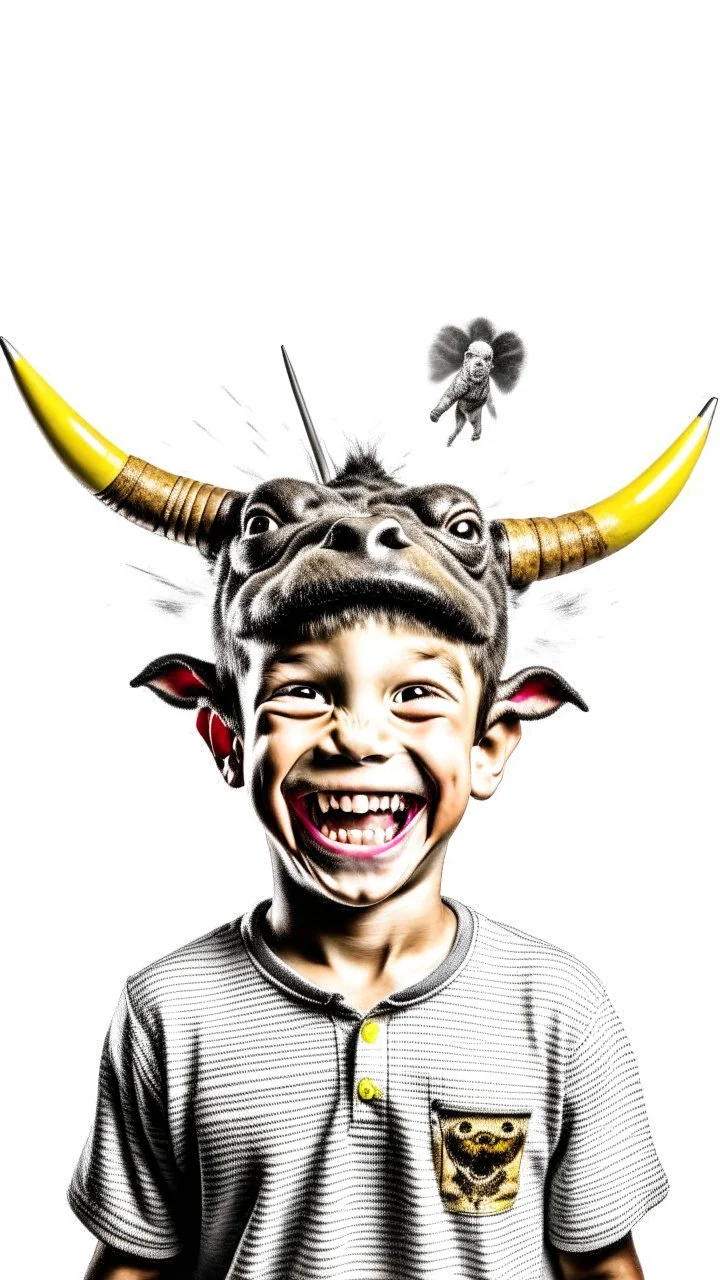 Doble exposure photo, crazy bull head and smiley boy launching a pen, studio portrait, Fujifilm, white backgroun