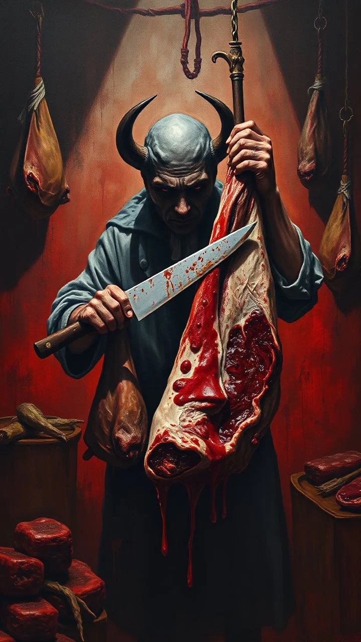 Bosch style painting , A shadow of a spirit inside a bloody butcher holding a big knife cutting a meat of hanging cow meat with details on red bloody background of a meat store