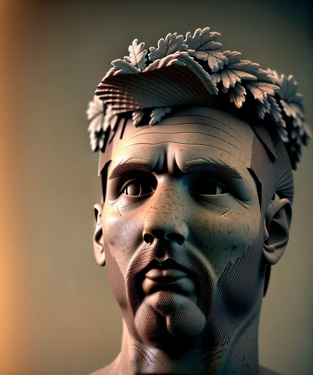 Gran angular, Realistic image, roman sculpture, marble material, Lionel Messi with Laurel wreath model, miguel angel style, God light, god rays, 4k resolution, perfect details, ornate details, soft lighting, unreal engine 5, soft cyan background.