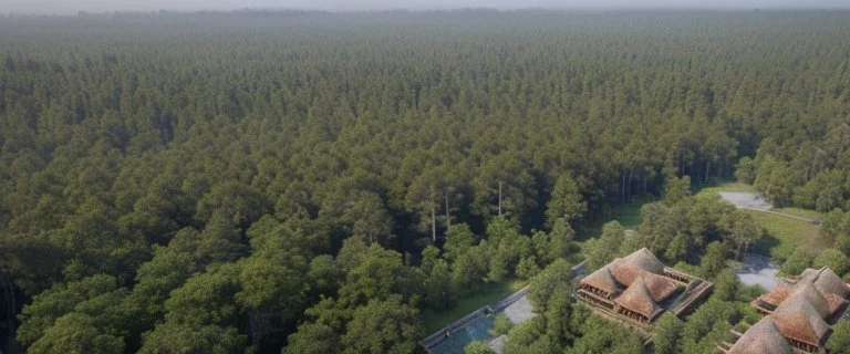 top view that warm, a huge library in forest with fireflies around trees that have wide leaves and broad trunked. Realistic.