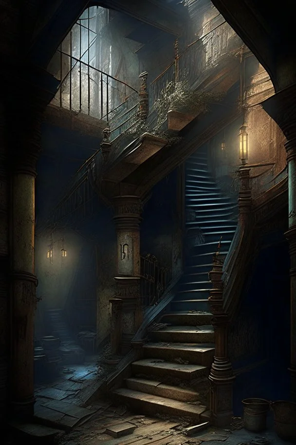 tavern dystopian rich stairs entrence