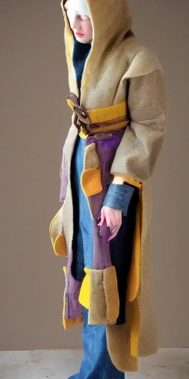 European cool woman. Mantle is sewed of recycled Denim and sewed together of recycled polymer felt. Camouflage colors are terracotta, cream and purple, lilac. Cream latex gaiter. Yellow(Munsell)!hint of orange as effect color!!Big bright purple/khaki felt tippet and cream or blue or lilac colored-hood. mantle is merged with satchel. . AKG-style headphones (gold rings!) is merged with small felt cap with small visor. Style: Haute Couture in 1998