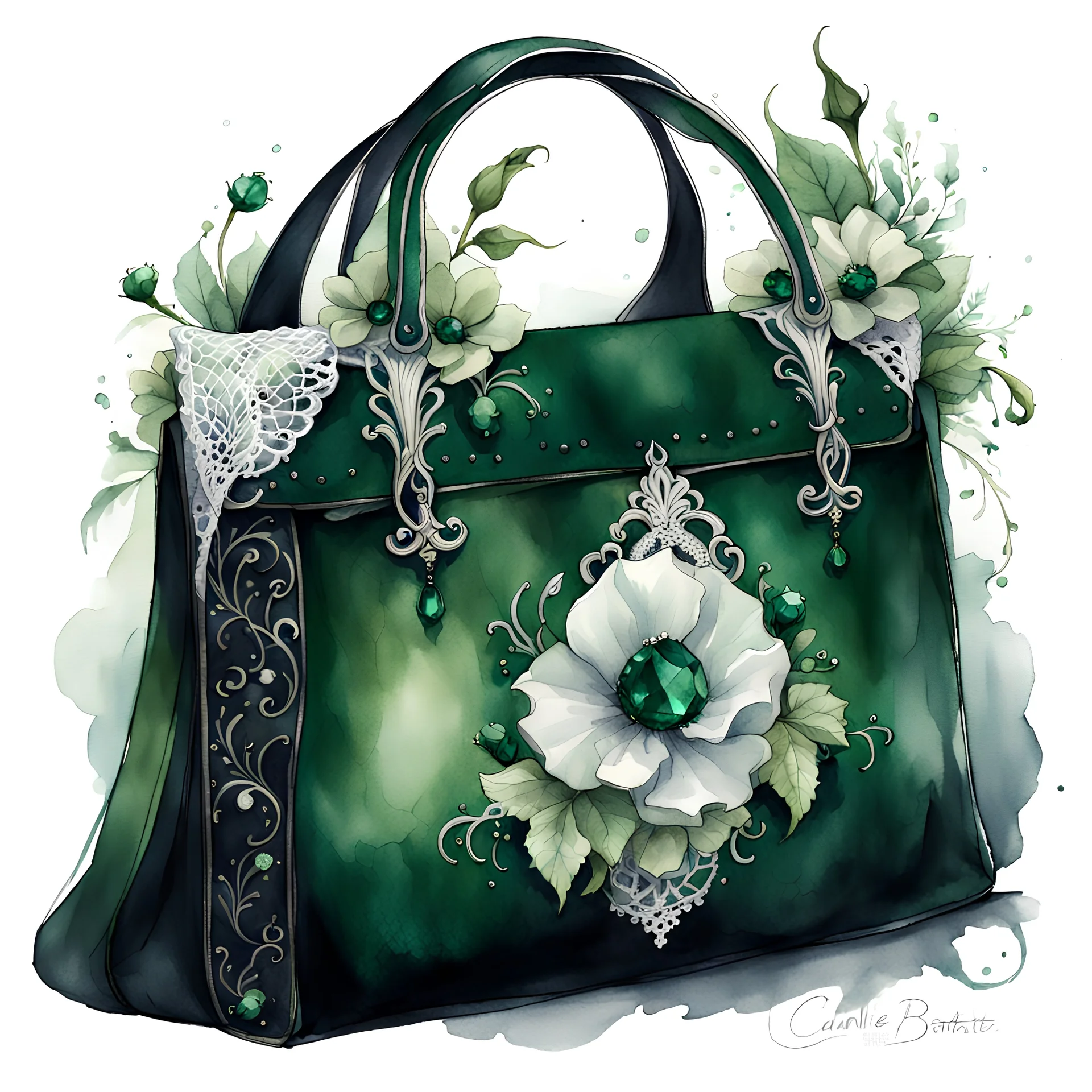 watercolor drawing of a dark Gothic green bag with emeralds and flowers and white lace, on a white background, Trending on Artstation, {creative commons}, fanart, AIart, {Woolitize}, by Charlie Bowater, Illustration, Color Grading, Filmic, Nikon D750, Brenizer Method, Side-View, Perspective, Depth of Field, Field of View, F/2.8, Lens Flare, Tonal Colors, 8K, Full-HD, ProPhoto RGB, Perfectionism, Rim Lighting, Natural Lighting, Soft Lighting, Accent Lighting, Diffraction Grading, With Imperf