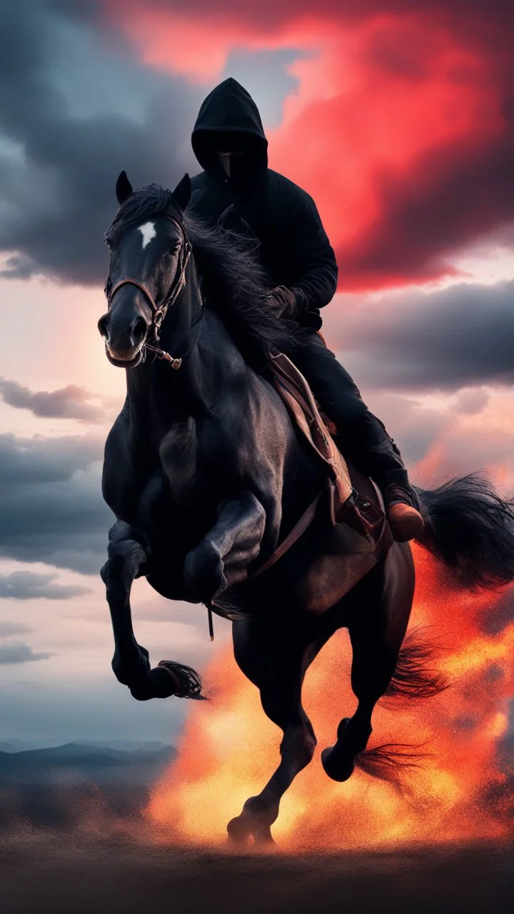 A black hooded with cane horse , man on a black wild horse jumping on fire ,red clouds in the sky with storm and cinematic scene 4k