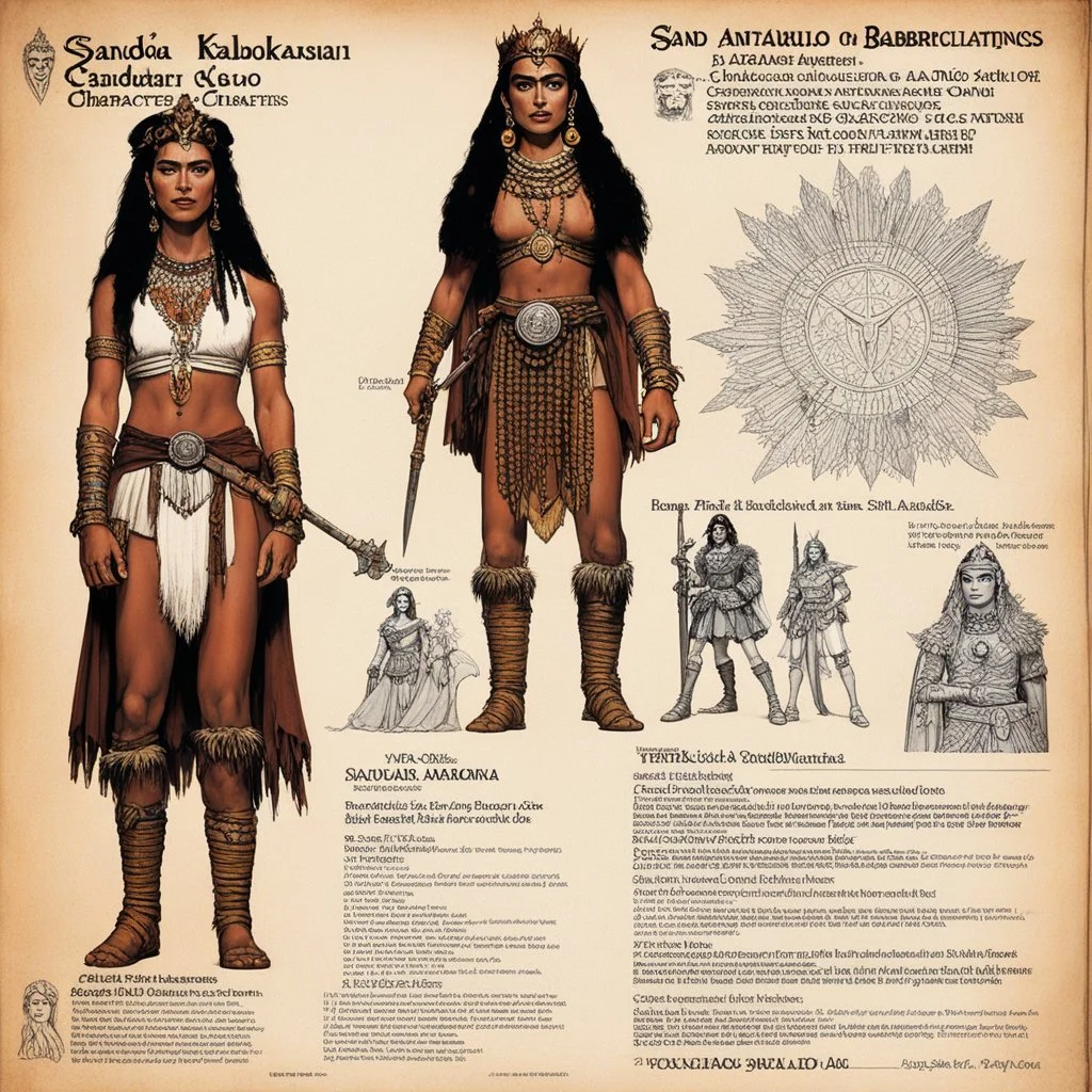 character concept sheet with AD&D statistics and characteristics, [photo from the TV series Sandokan (1976)] Frida Kahlo character as a barbarian queen