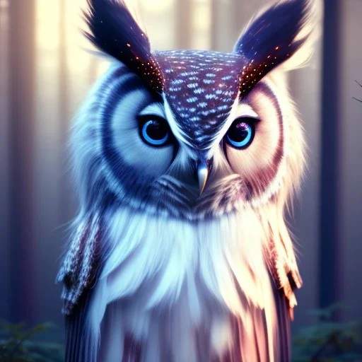 cute forest owl with long, curled, white hair and blue eyes. atmospheric, realistic, unreal engine cosmic galactic, cinematic lighting, octane render, random colors, transparent, cosmic ambiance, masterpiece, composing fit inside