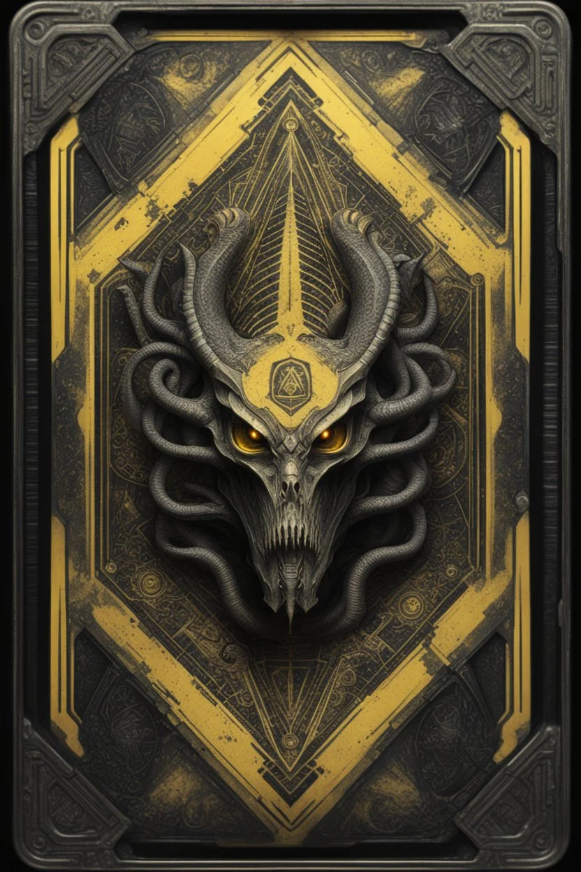 sacred geometry framed playing card, black and yellow death dragon boss card in the style of Giger and fallout 4 ,,bokeh like f/0.8, tilt-shift lens 8k, high detail, smooth render, down-light, unreal engine