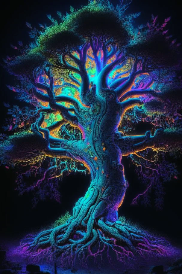 The enchhanted yggdrasil tree, corsair, dramatic neon, highly detail