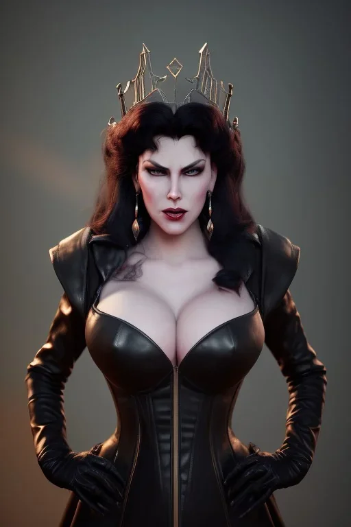 Amy Dumas as evil queen in black leather gown, evil, busty, cleavage, curvy, angry, stern look. character design by cory loftis, fenghua zhong, ryohei hase, ismail inceoglu and ruan jia. unreal engine 5, artistic lighting, highly detailed, photorealistic, fantasy