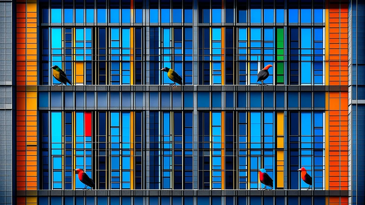 Un pájaro posado en una ventana de una fachada gris oscura con patrón en V repetido, colores vibrantes y saturados con ironía pop, estilo Pop Art como Warhol pero aplicado a arquitectura urbana.