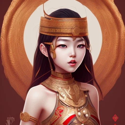 cute asian girl, egypitan head dress, red body suit. intricate details, full body portrait, keep head in frame, smile, black Japanese motif, concept art, highly detailed, digital painting,