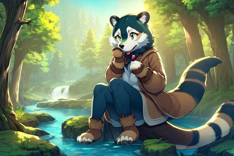 Girl, green hair, raccoon tail, raccoon paws in hand, raccoon paws in foot, forest, river, sit on tree, coat on neck, with tongue out, big tail, furry