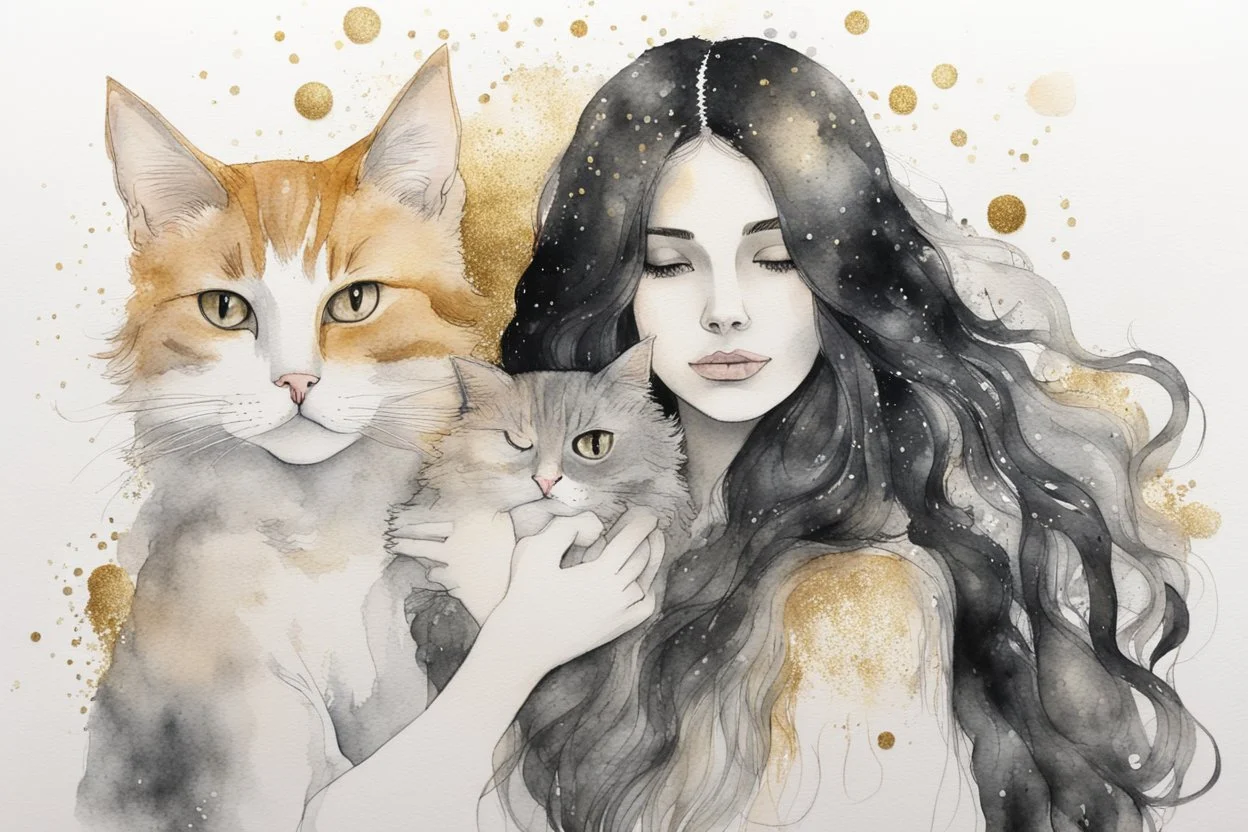 long haired woman with cat, white watercolor and black ink, golden glitters