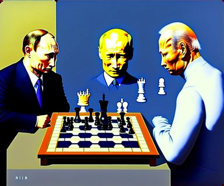 Putin, President Xi Of China And Joe Biden Play Chess With A Pigeon,Complex Surgical Instruments,A Newborn Boy,Minimalism,Painting By Lucian Freud,Rene Magritte,Adrian Ghenie,Michelangelo,Salvador Dali,Pablo Picasso