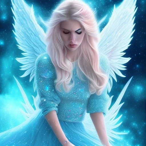 Face Angel crystalline,blond hair, blue eye ,pink , cosmic, opalescent, gemstones, crystals, other worldly,water,bright, ice background, snow lake blue